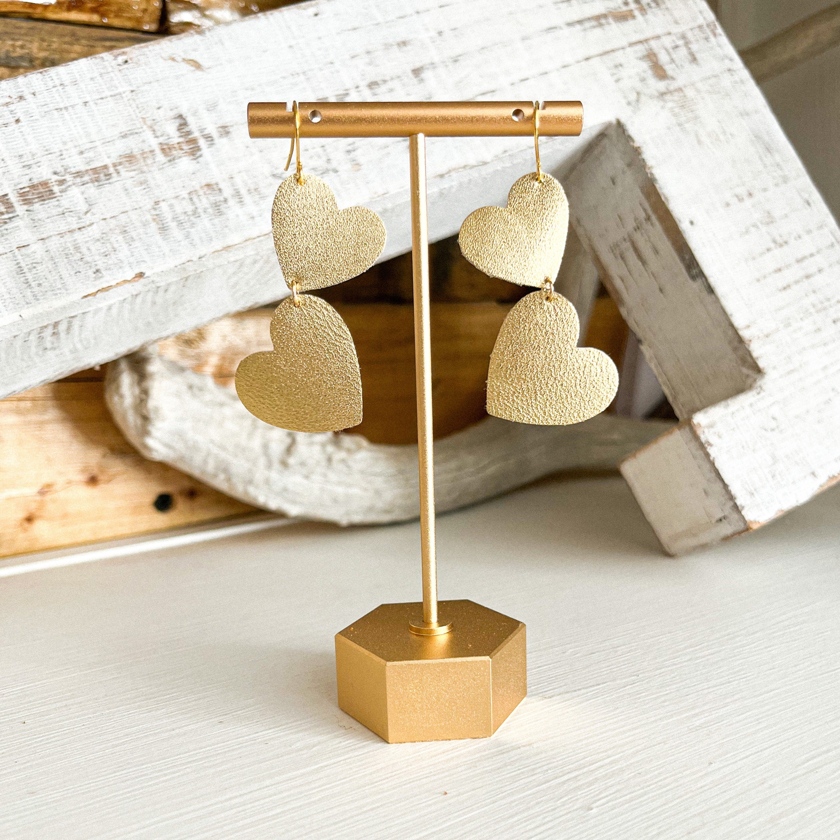 Hand-cut Genuine Gold Leather Heart Earrings