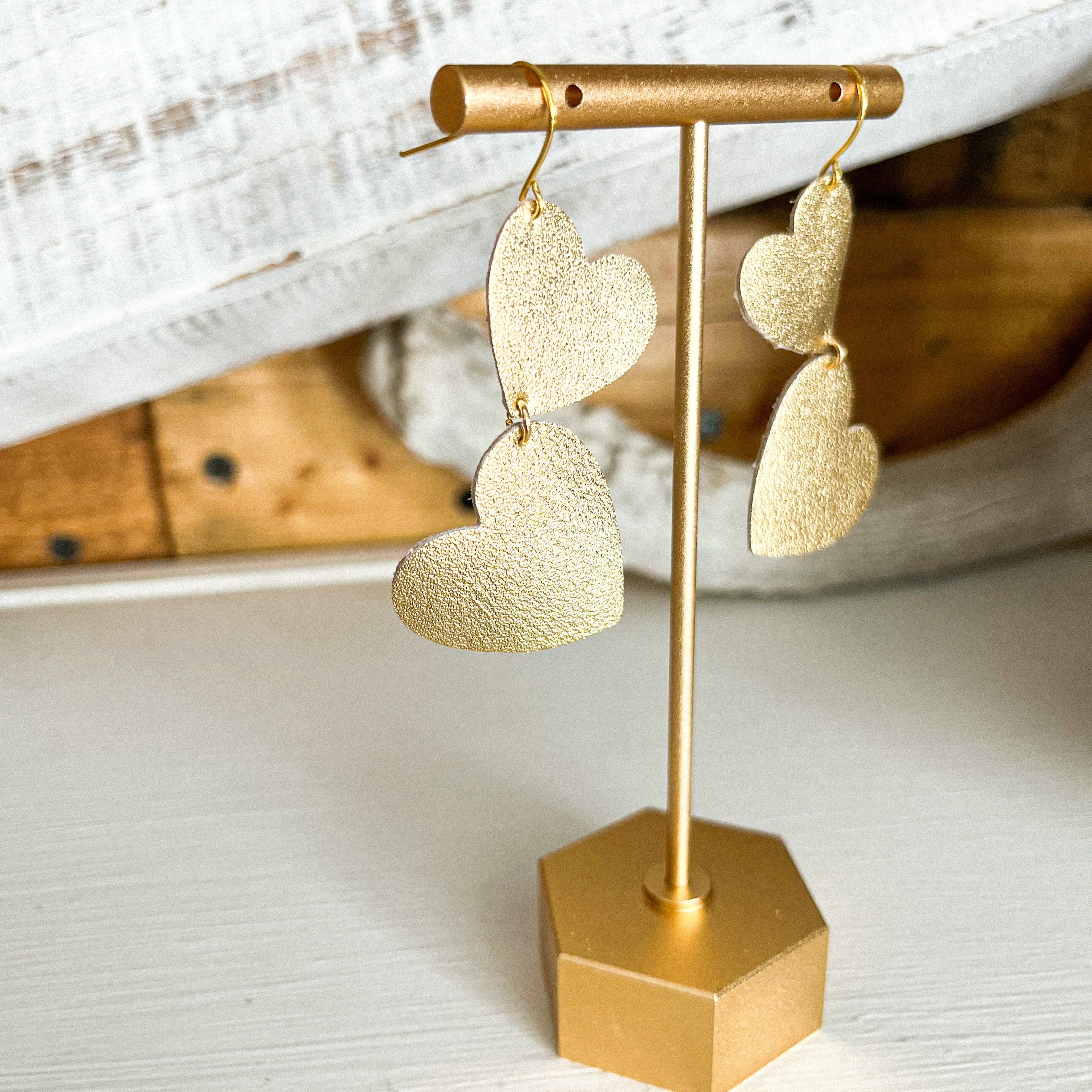 Hand-cut Genuine Gold Leather Heart Earrings