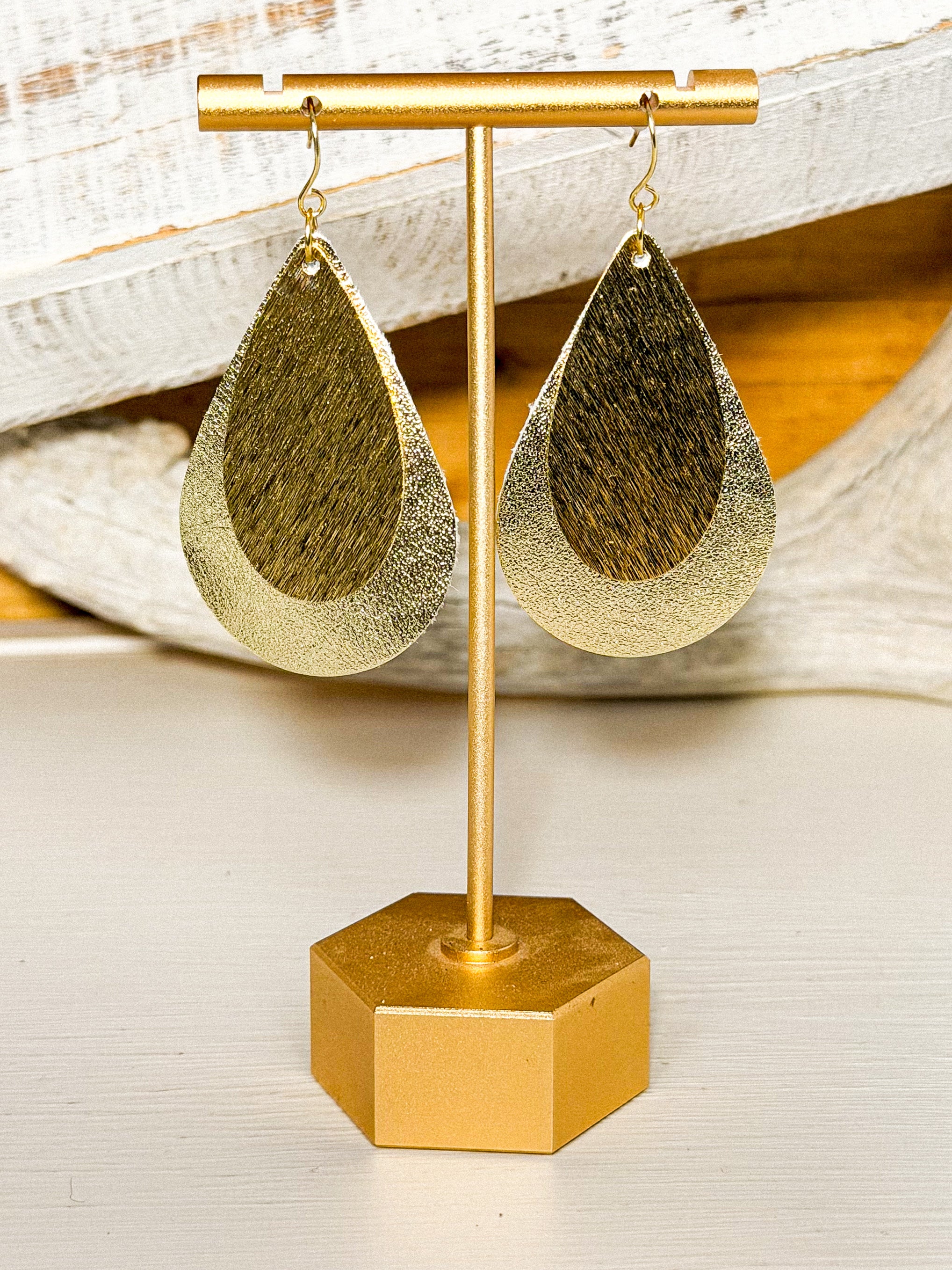 Teardrop Leather Earring with Gold Accent