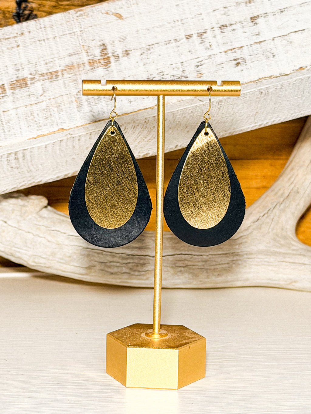 Teardrop Leather Earring with Gold Accent