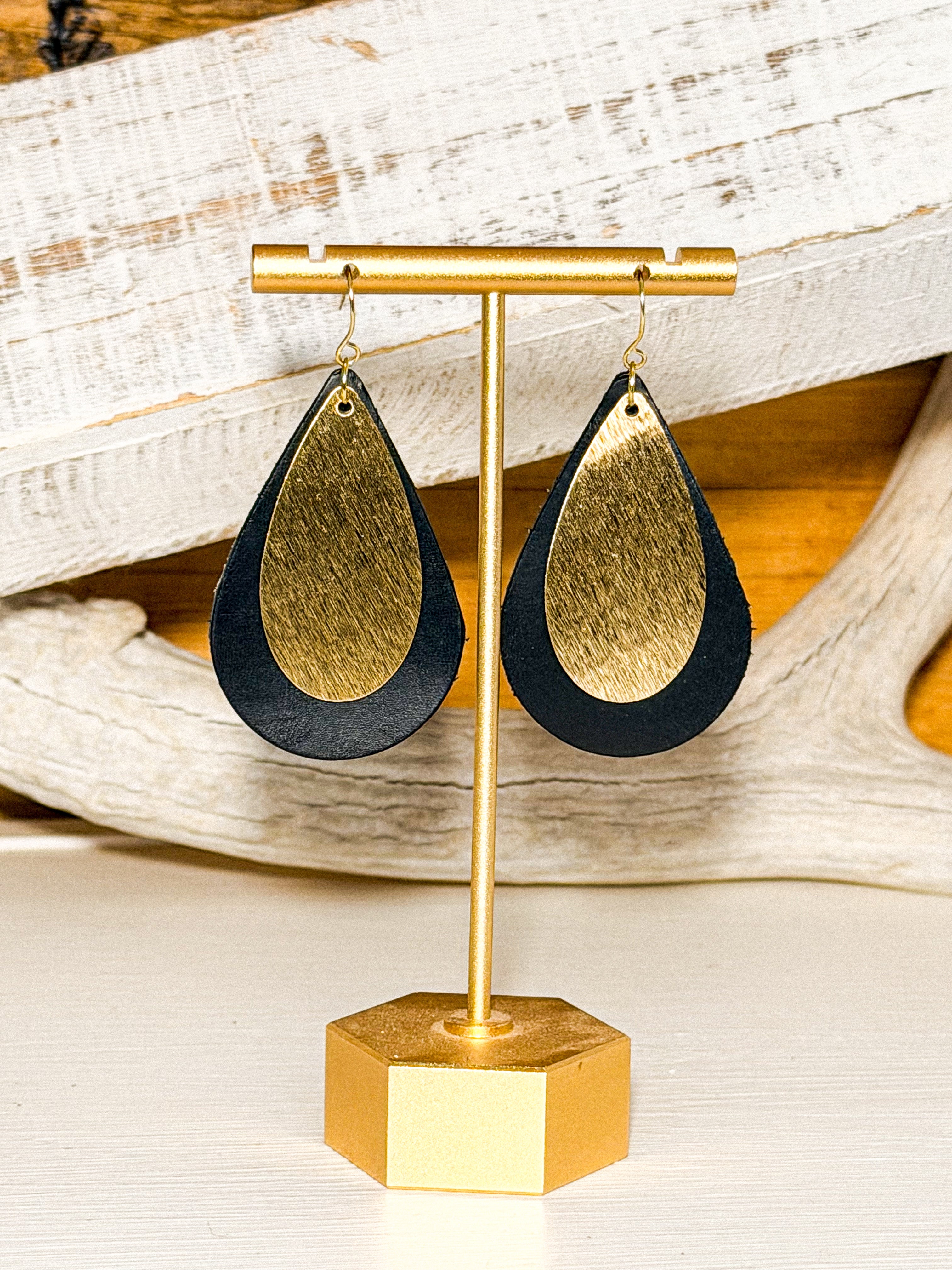 Teardrop Leather Earring with Gold Accent