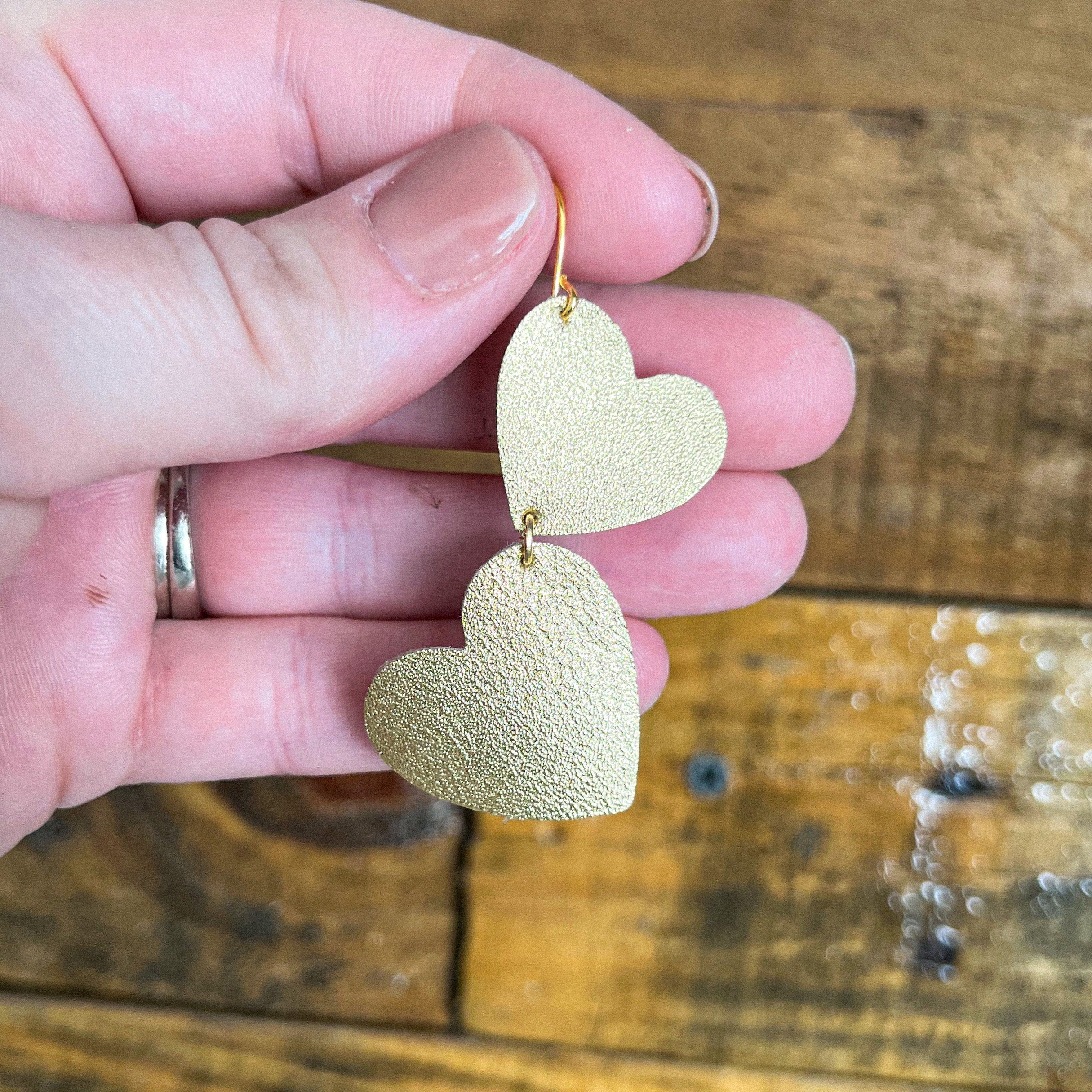 Hand-cut Genuine Gold Leather Heart Earrings
