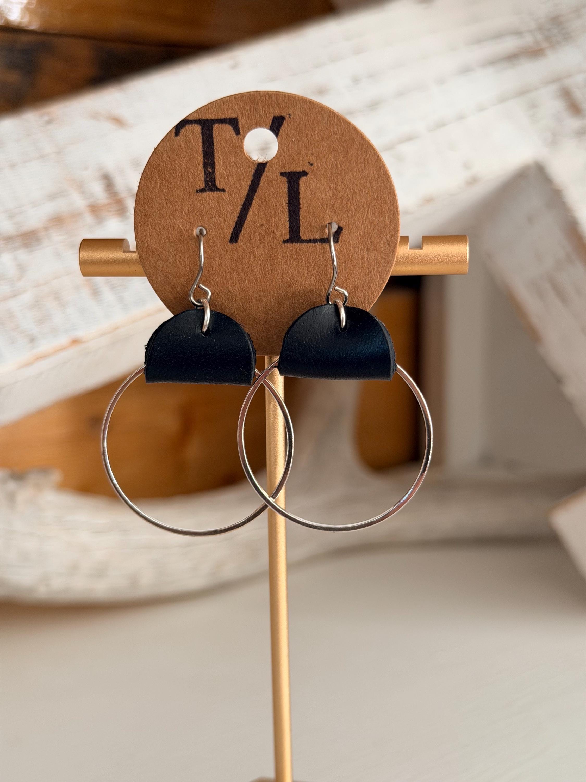 Leather Hoop Dangle Earrings - small